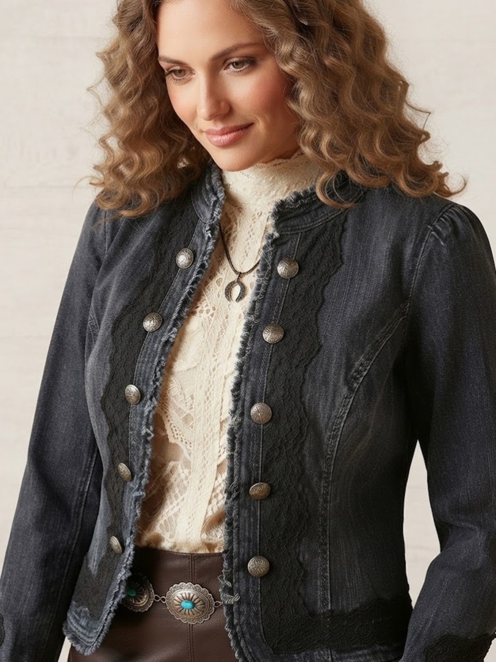 DressBarn - Women’s Denim and Black Lace Victorian Colar Jean Jacket P2P:19’